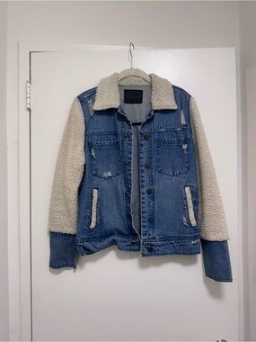 Blank NYC Blue Denim Jacket with Cream Sherpa Sleeves